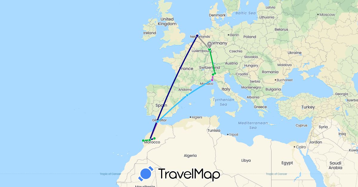 TravelMap itinerary: driving, bus, plane, train, boat in Germany, Spain, Italy, Morocco, Netherlands (Africa, Europe)